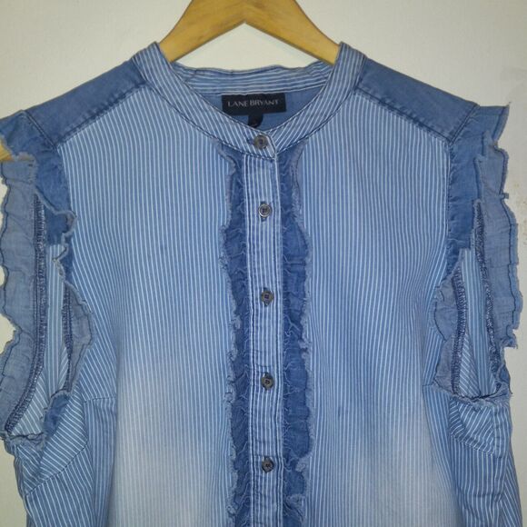 Lane Bryant Striped Chambray Ruffle Front Sleeveless Button Up Blouse-Size 18 - Picture 3 of 10